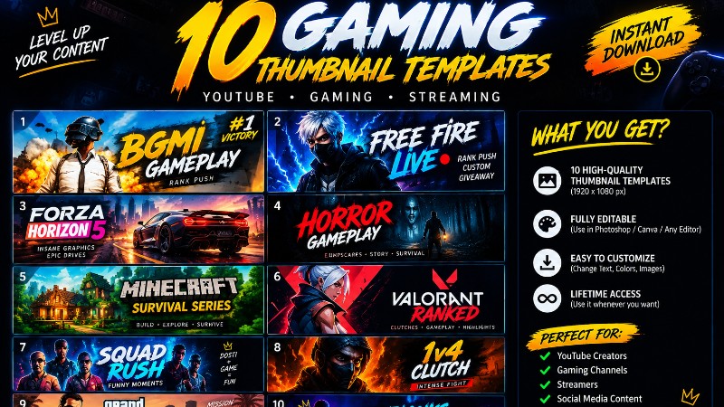 Gaming Thumbnail Pack – 10 Premium Templates