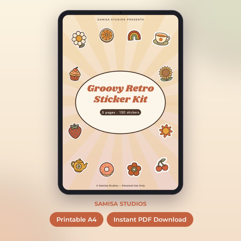 Groovy Bloom Retro Sticker Kit |  150 Stickers Ready CutOut 5 Page PDF