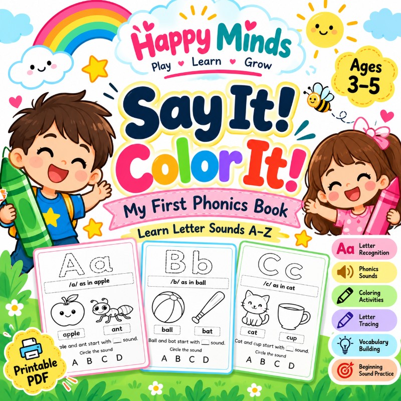 Happy minds A–Z Phonics Coloring Book for Kids | Ages 3–5