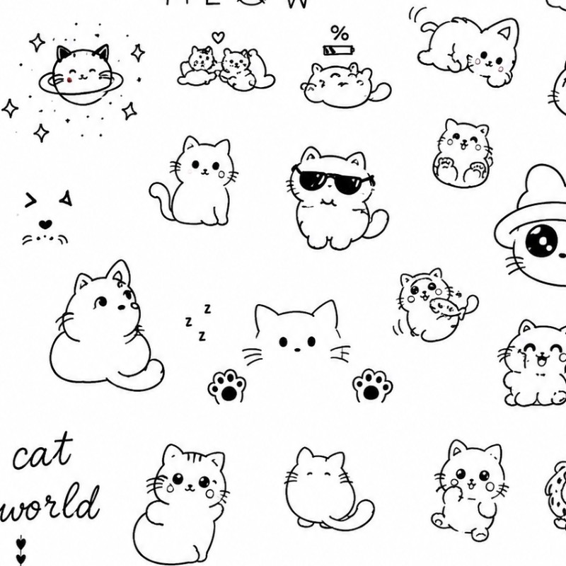 🐱 Cute Kawaii Cat Doodles | Printable Coloring Page