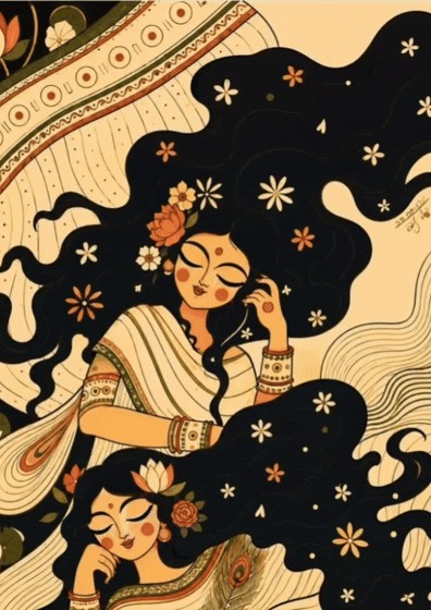Indian Folk Women Wall Art – Traditional Floral Illustration | Printable Home Decor
