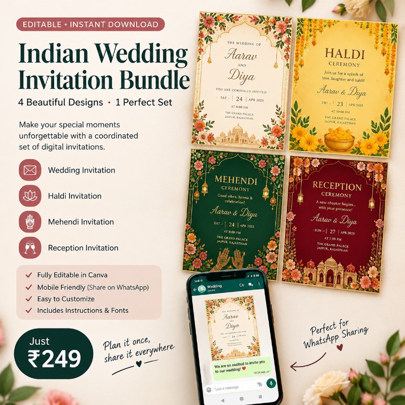 Indian Wedding Invitation Templates Bundle | Editable Canva Wedding Cards | Haldi, Mehendi, Sangeet & Reception Invitations | Digital Download