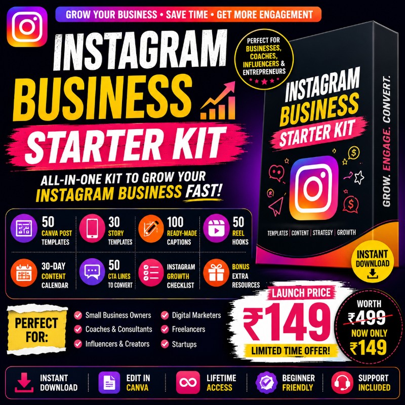 Instagram Business Starter Kit | 100 Captions + 50 Reel Hooks + 30-Day Content Calendar
