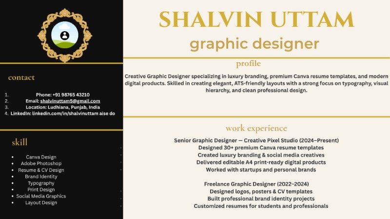 Luxury Black & Gold Landscape Resume Template  Editable Canva CV