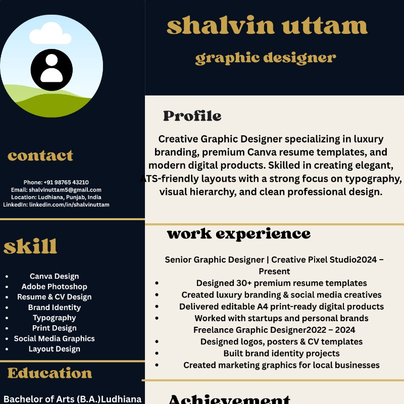 Luxury Black & Gold Professional Resume Template  ATS Friendly Canva CV