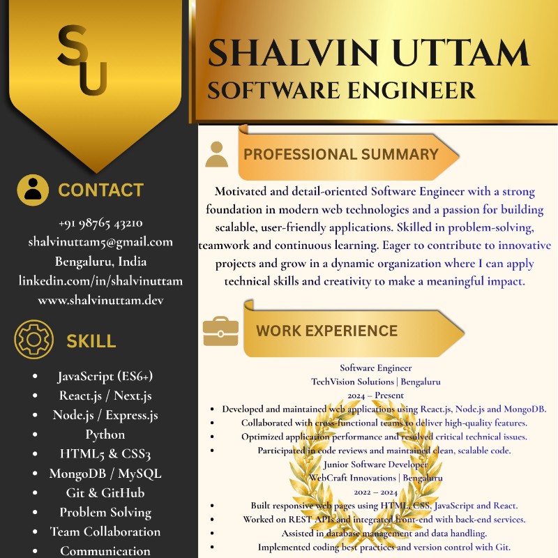 Luxury Black & Gold Professional Resume Template | Editable Canva CV | Premium Executive Resume Design