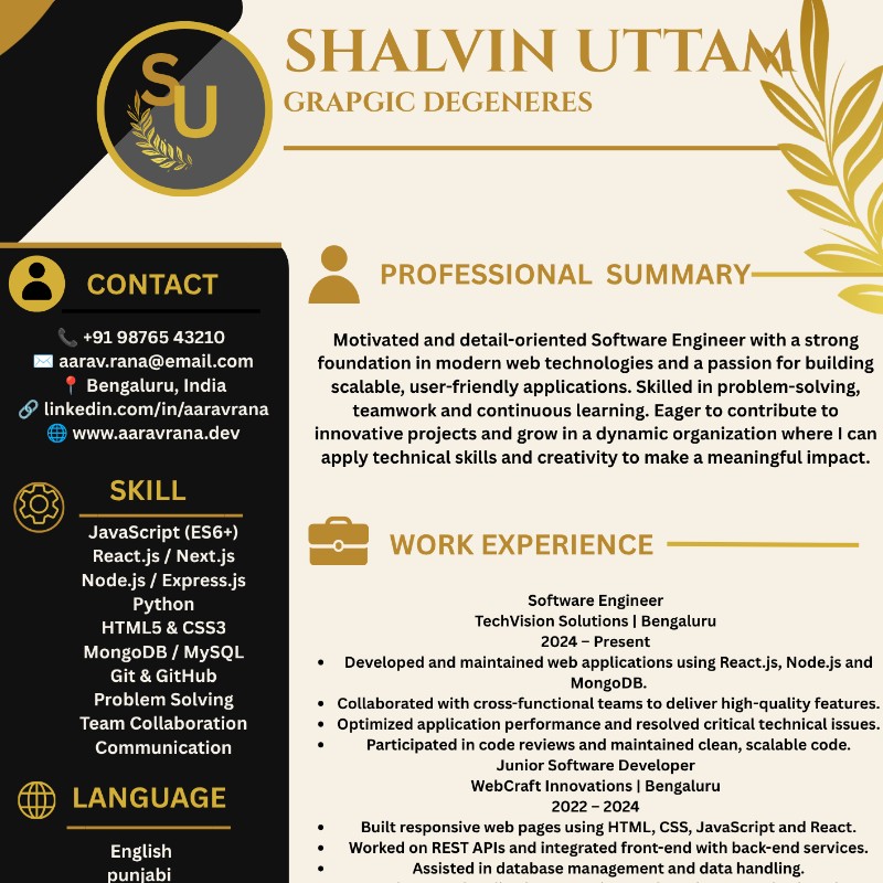 Luxury Black & Gold Professional Resume Template | Editable Canva CV | Premium Resume Design