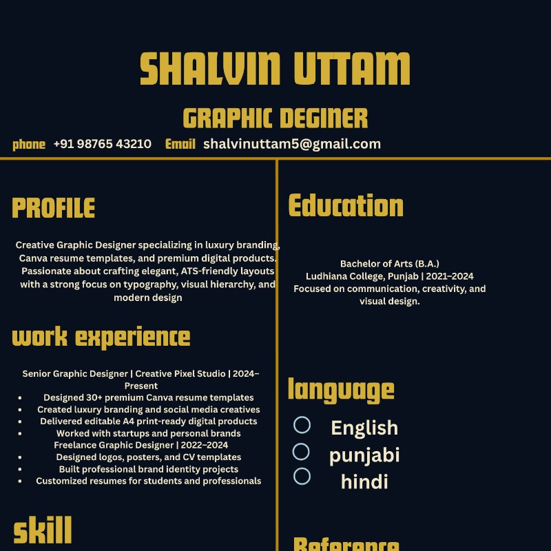 Luxury Black & Gold Resume Template  ATS Friendly Canva CV  A4 Editable