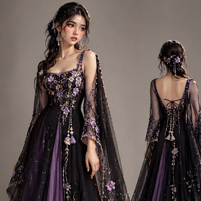 Luxury Black & Lavender Floral Couture Gown – Designer Fashion