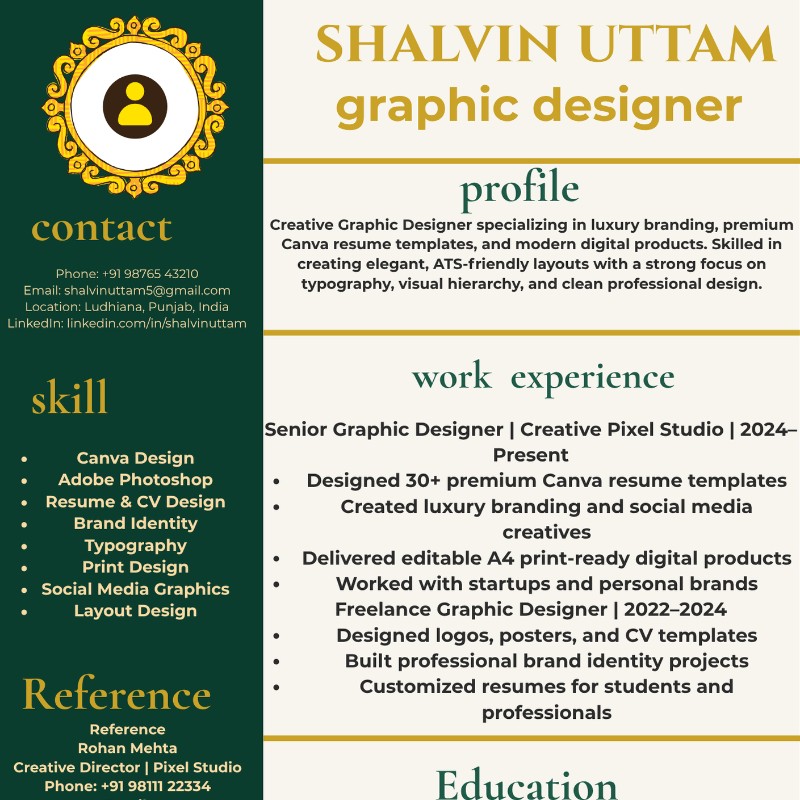 Luxury Emerald Professional Resume Template  ATS-Friendly Canva CV