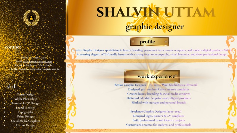 Luxury Gold Graphic Designer Resume Template  Editable Canva CV  Premium Professional Resume