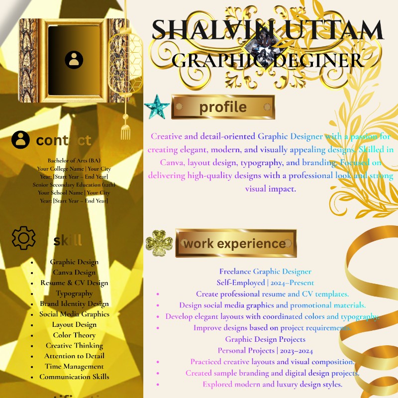 Luxury Gold Resume Template  Premium Editable Canva CV  Professional Graphic Designer Resume