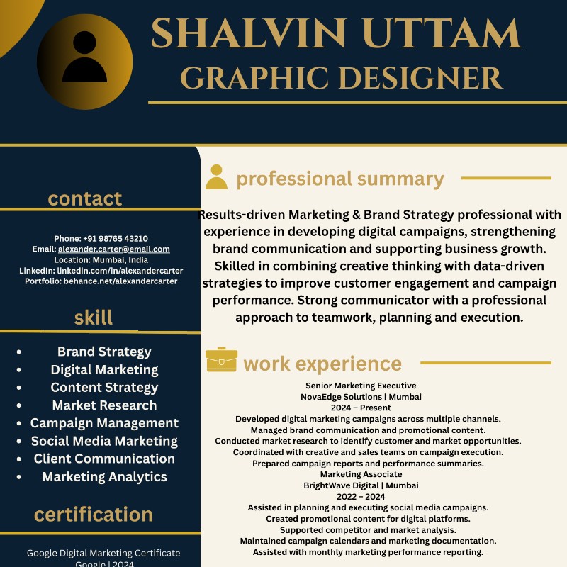 Luxury Navy & Gold Professional Resume Template  Editable Canva CV  Premium Resume Design