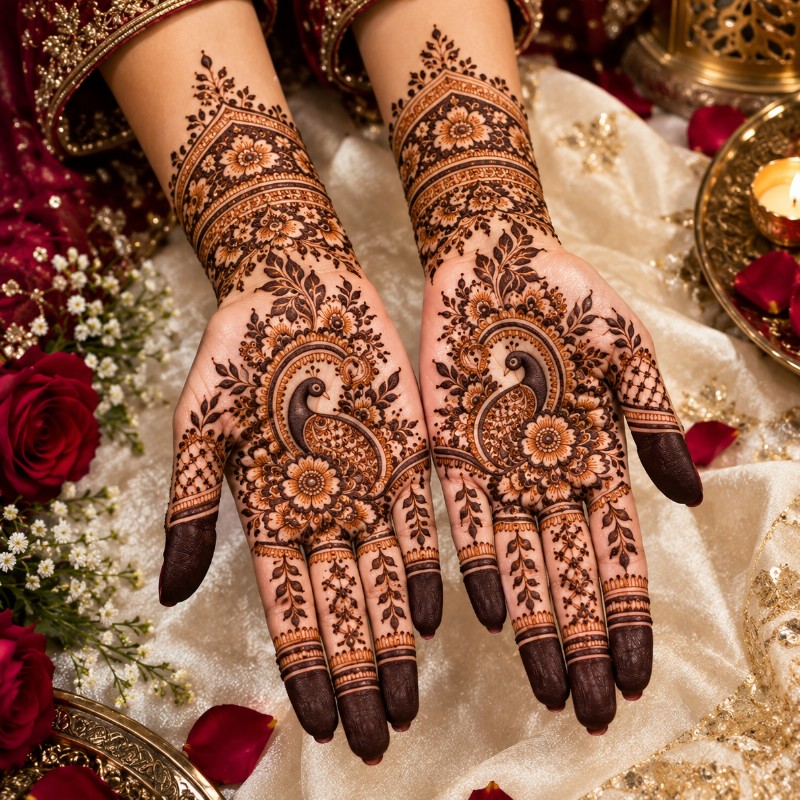 Luxury Peacock Bridal Mehendi Design – AI-Created Henna Art