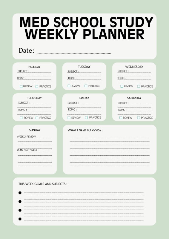 Med school study planner--Weekly & Daily study tracker
