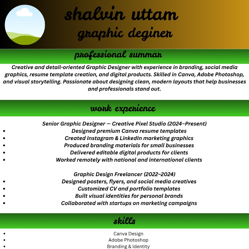 Modern Green & Gold Professional Resume Template (Canva)