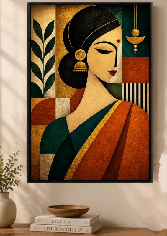Modern Indian Woman in Saree – Abstract Geometric Digital Wall Art  