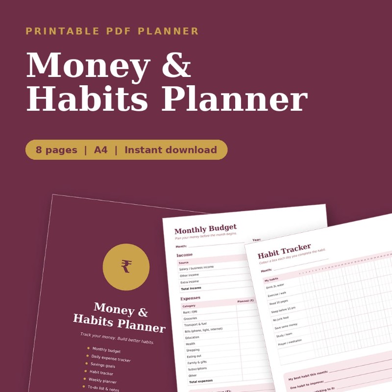 Money & Habits Planner | Printable Budget, Expense & Habit Tracker (PDF, A4)