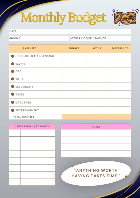 Monthly Budget Planner | Budget vs Actual Expense Tracker | Income & Savings Worksheet