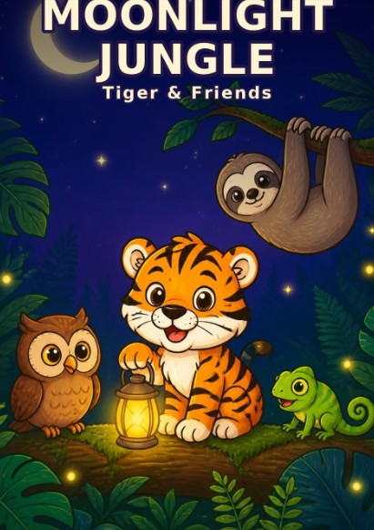 Moonlight Jungle 🌙 | Tiger & Friends Kids Colouring Book (PDF) | 10 Pages | Ages 3–8