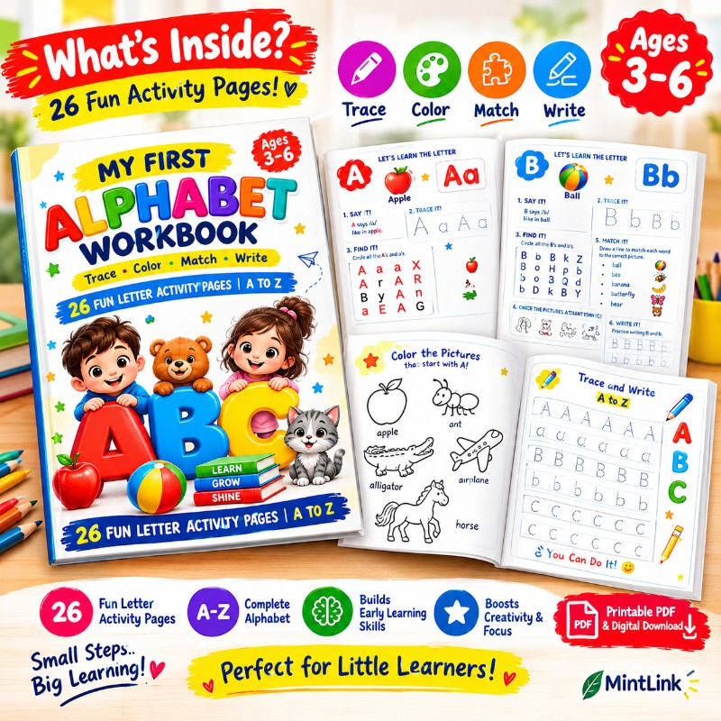 My First Alphabet Workbook for Kids Ages 3–6 | Printable A–Z Tracing, Coloring, Matching & Writing Activities PDF