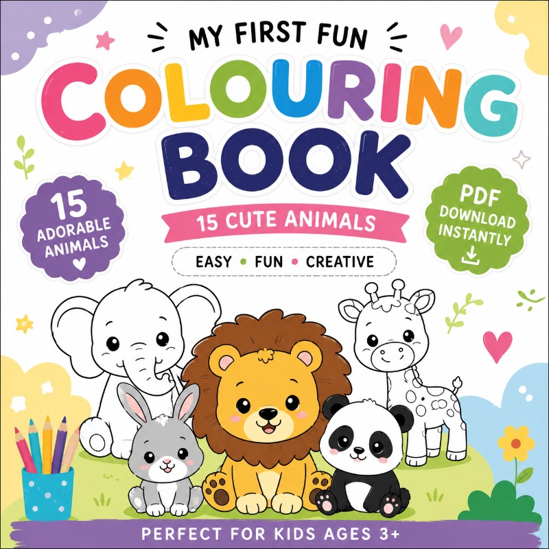 My First Fun Colouring Book – 15 Cute Animals 🐘🦁🐰