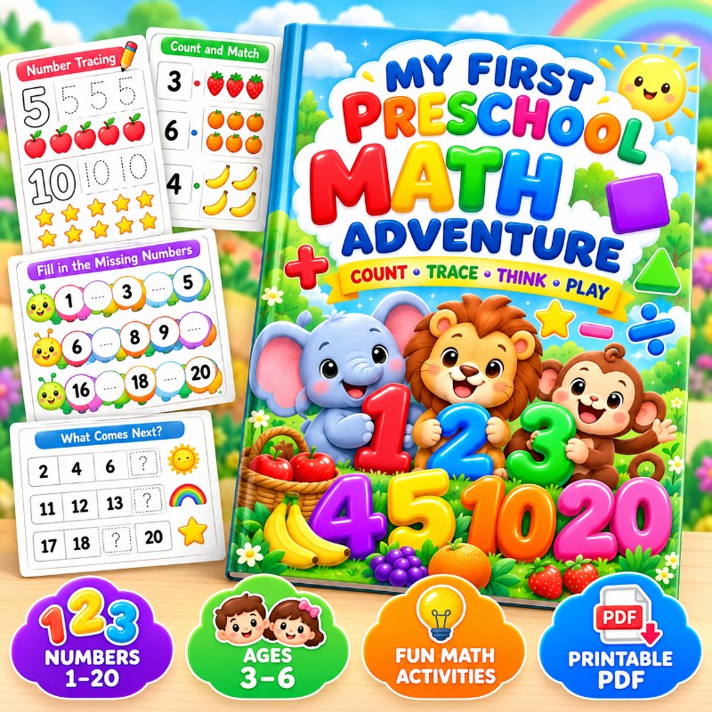 My First Preschool Math Adventure | Numbers 1–20 Printable Workbook for Kids Ages 3–6