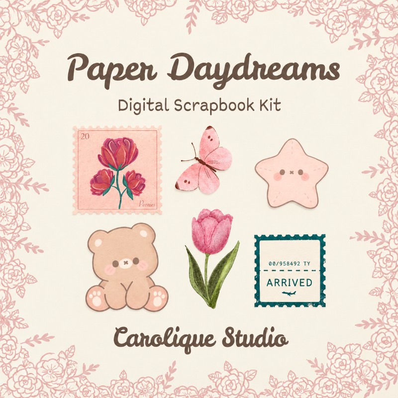Paper Daydreams - Digital Scrapbook Kit | Alphabet Sheets, Vintage Papers, Stamps & Cute Stickers | Carolique Studio