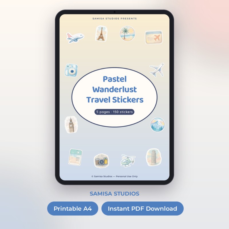 Pastel Travel Sticker Kit | | 150 Stickers Ready Cut Out 5 Page PDF
