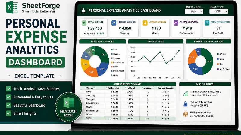 Personal Expense Analytics Dashboard – Excel Template