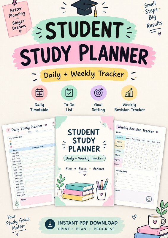 Printable Student Study Planner – Daily & Weekly Tracker