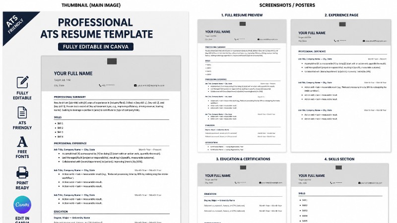 Professional ATS Resume Template – Canva Editable
