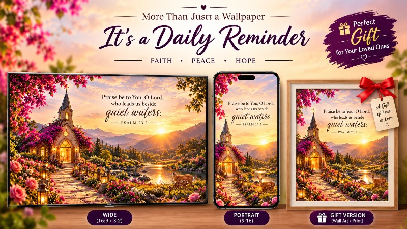 Quiet Waters Christian Wallpaper Bundle | Bible Verse Psalm 23:2 | Wide & Portrait Wallpapers + Faith-Inspired Gift Art | Peaceful Sunset Chapel Digital Download