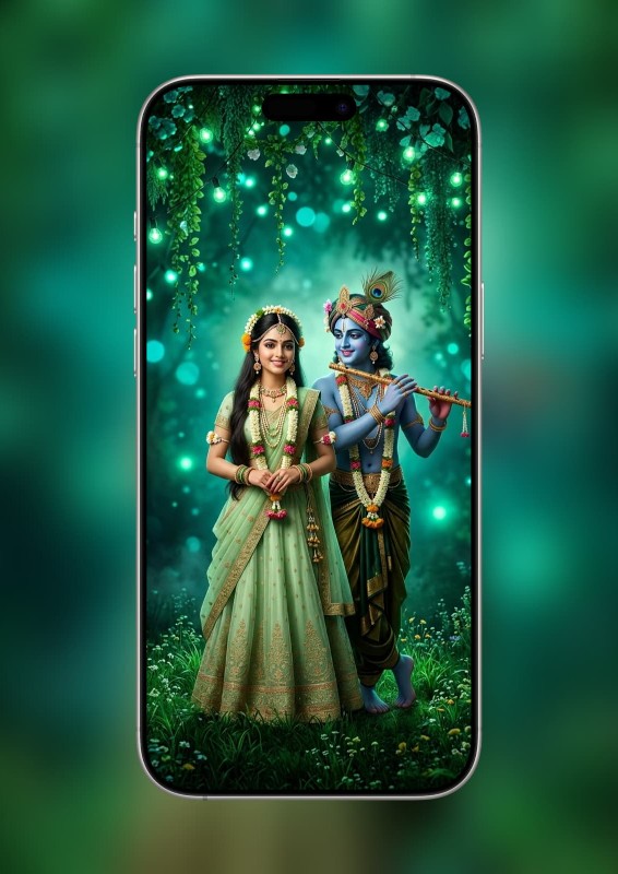 Radha Krishna Divine Love 4K HD Mobile Wallpaper - Green Forest Glow