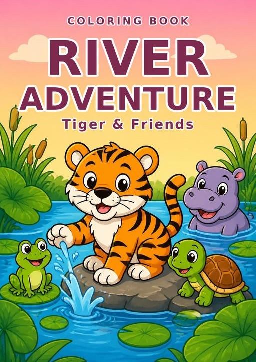River Adventure 🐯 | Tiger & Friends Kids Colouring Book PDF | 10 Pages | Ages 3–8
