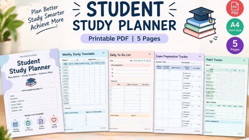 Student Study Planner PDF | Weekly Timetable, Daily To-Do List, Exam Tracker & Habit Trackerg