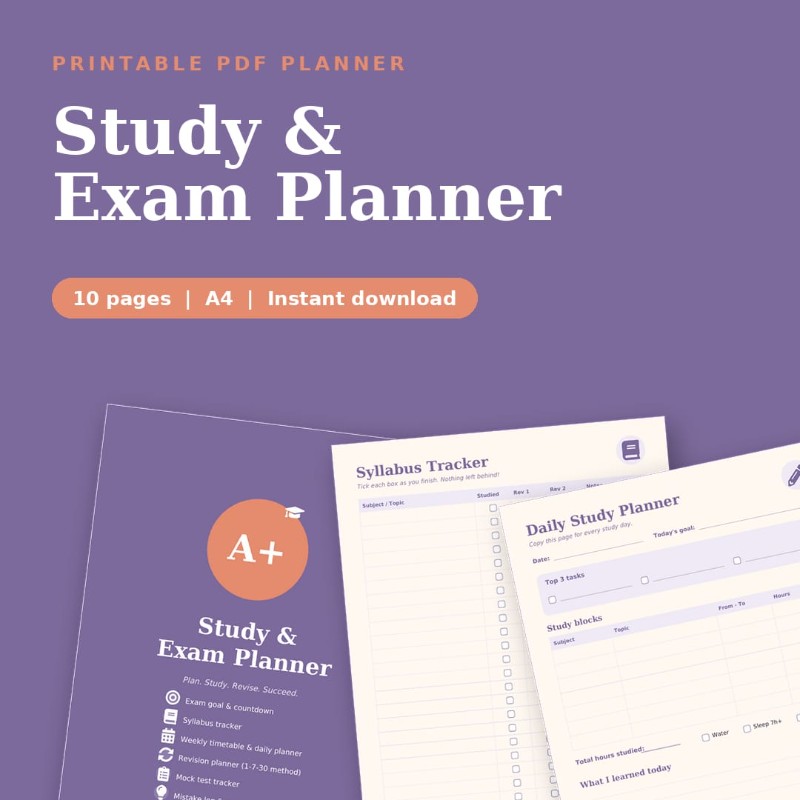 Study & Exam Planner | Printable Timetable, Tracker & Revision Planner (PDF, A4)