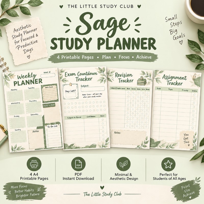 The Little Study Club | Aesthetic Study Planner PDF – Weekly Planner, Exam Countdown & Revision Tracker