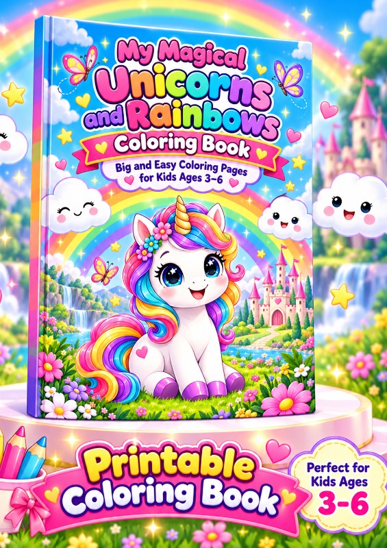 🦄 Magical Unicorns & Rainbows Coloring Book — Printable PDF