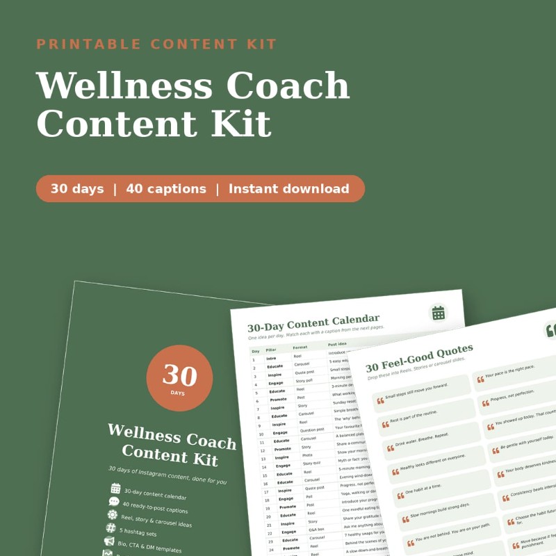 Wellness Coach Content Kit | 30-Day Instagram Captions & Content Calendar (PDF)